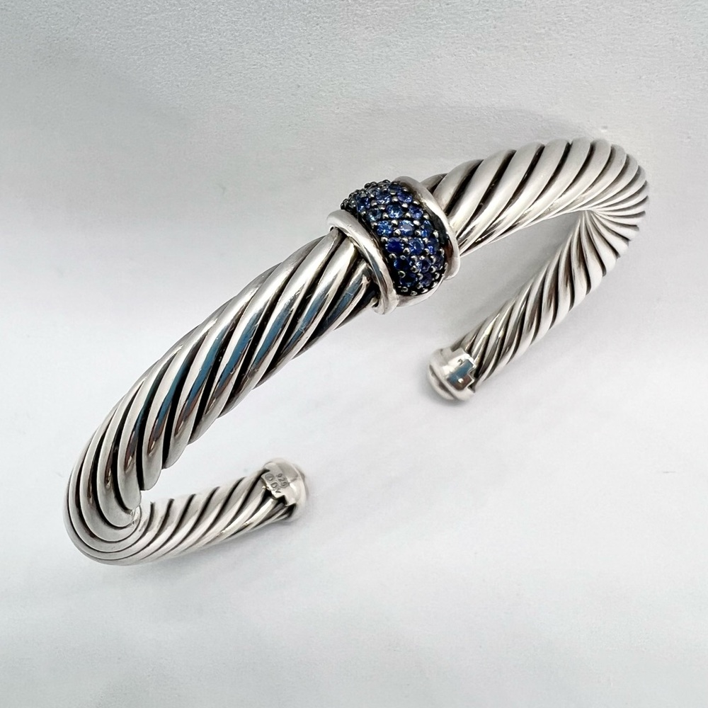 David Yurman Sterling Silver and Pave Blue Sapphire Station Bracelet - Picture 2 of 13